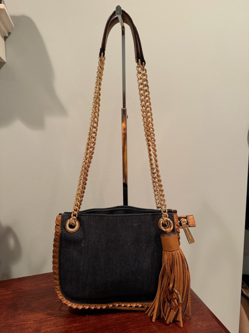 Michael Kors Blue Denim Shoulder Bag with Brown Leather Tassel and Gold Chain